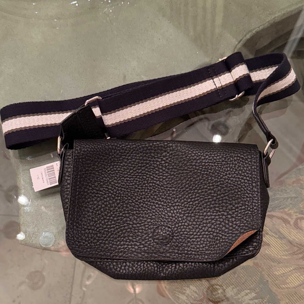 Barneys New York 100% Genuine Leather Black Crossbody with Striped Strap